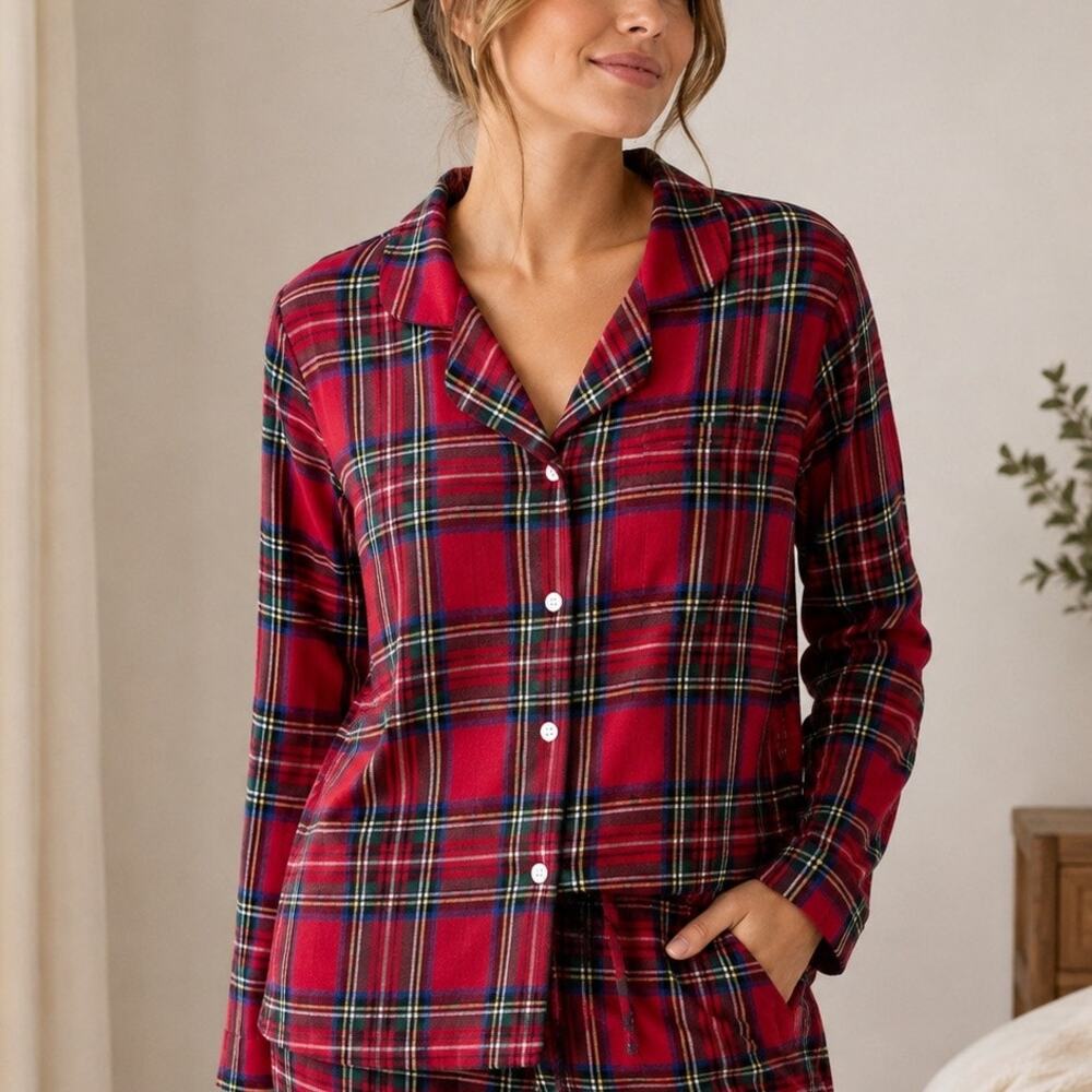 L.L.Bean Scotch Plaid Flannel Pajama Top Women M Red Tartan Cotton Christmas